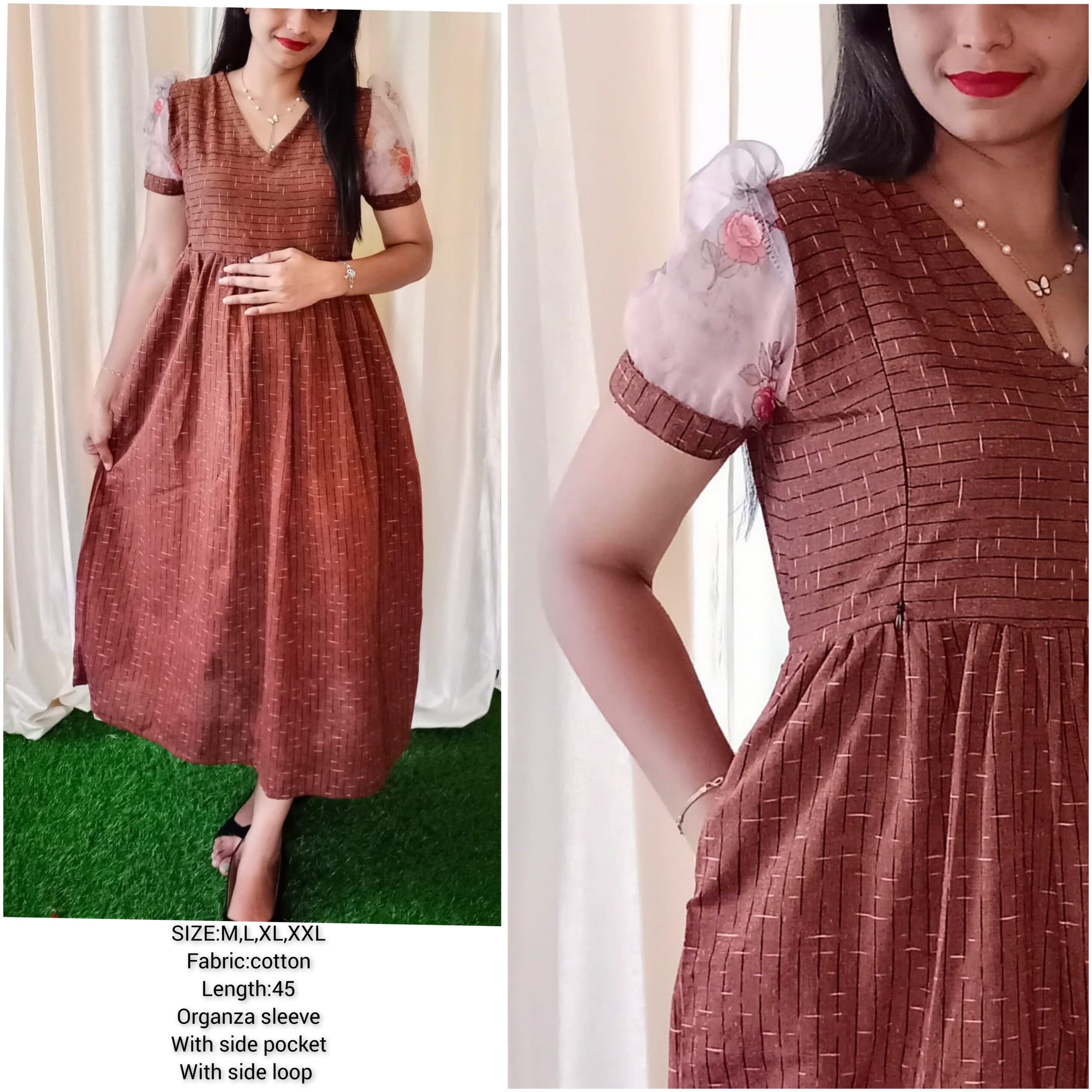 Buy Pure Handloom Ikkat Cotton Feeding Dress, Brown Green